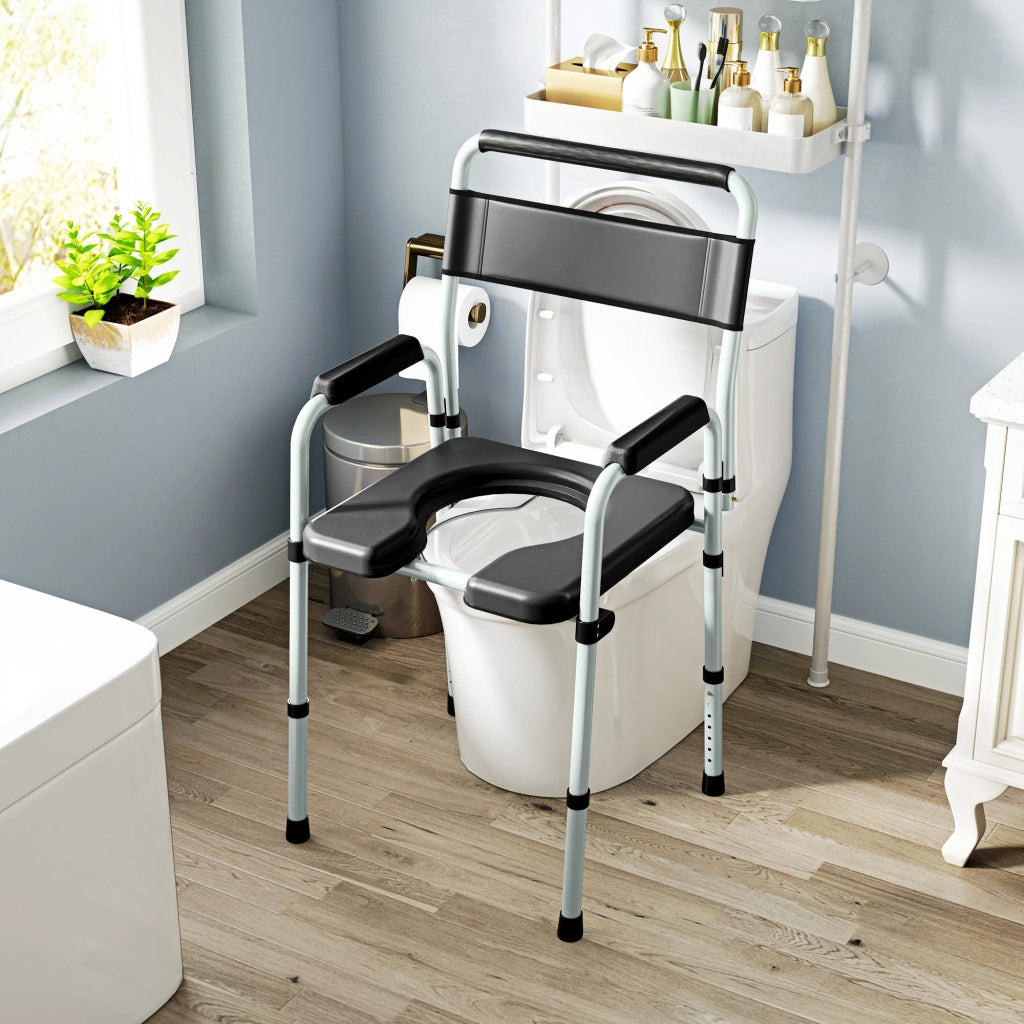 Sedia WC per Anziani e Disabili 52,5x46x81,5-97 cm Pieghevole e Regolabile in Acciaio e Pelle PU Nero