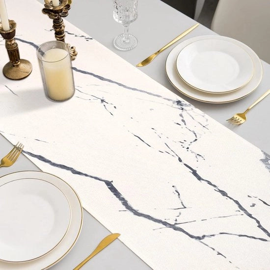 Tavolo da pranzo moderno con lenti Tavolo da pranzo in lino Camera da pranzo abstracta Arte moderna Bianco Marmo Tessuto grigio Atmosfera rurale Tavolo da pranzo per matrimonio Tavolo da pranzo per festa Salotto 33 x 183 cm