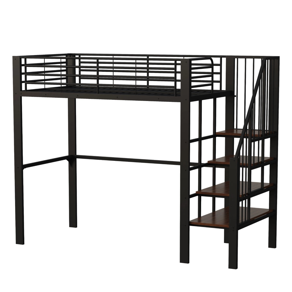 Letto a soppalco 90x200 cm con scala e spazio contenitore in metallo nero