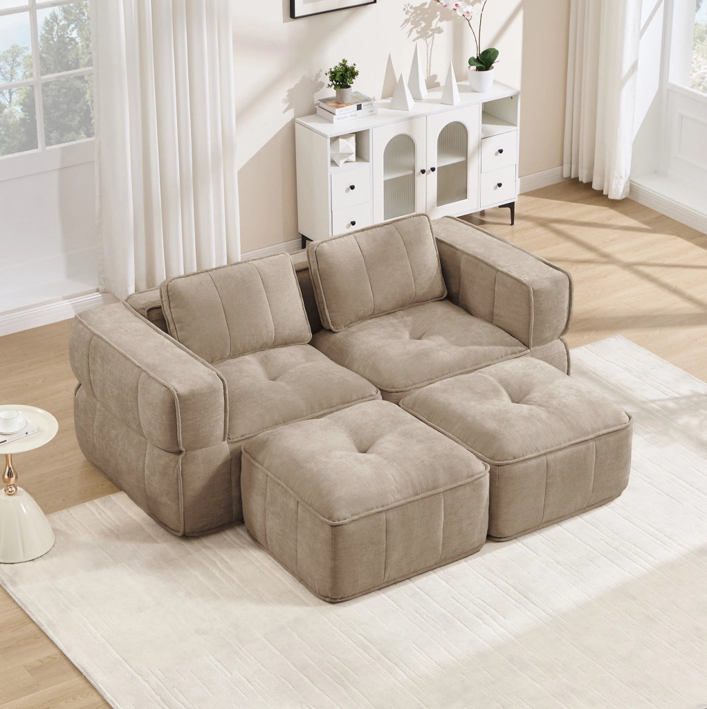 Divano modulare 2 posti con 2 pouf 198x162x67 cm in poliestere color sabbia