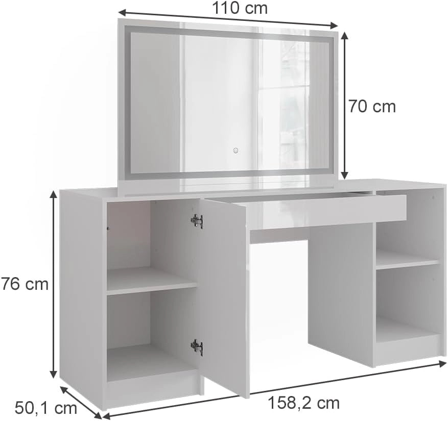 Tavolo da toeletta Sherry, Bianco/bianco lucido, 158.2 cm con specchio LED