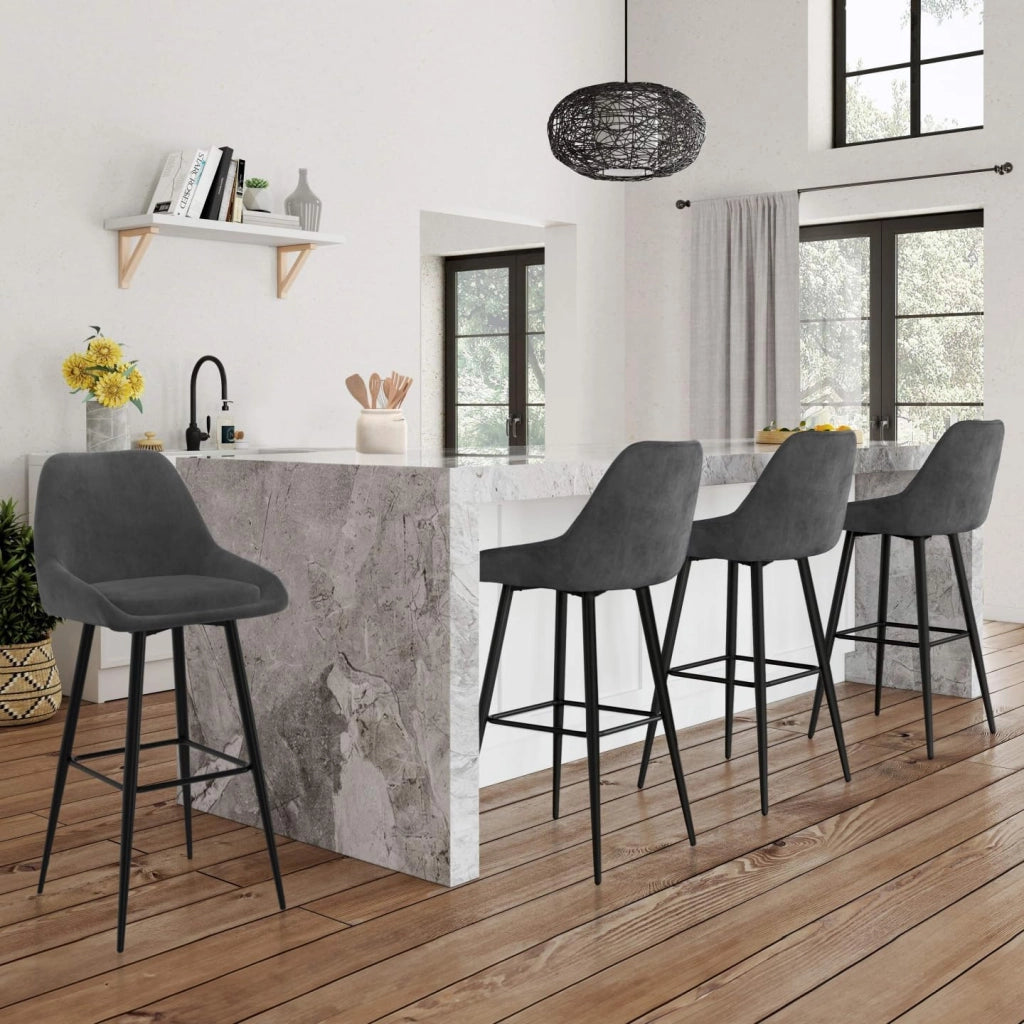 Set di 4 sgabelli da bar THALYA in velluto grigio scuro con mezzi braccioli