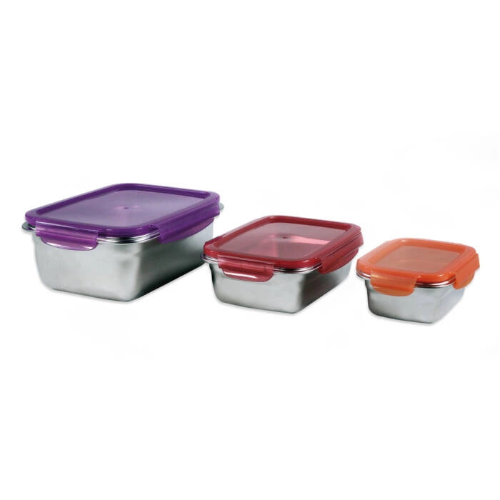 Set contenitori alimentari acciaio inox microonde, 3 pezzi ermetici impilabili, coperchi colorati cucina - SOGO