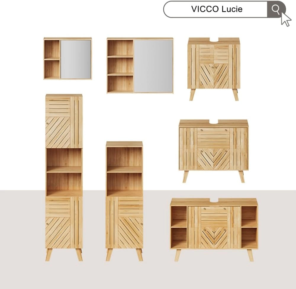 Mobile a specchio per il bagno Lucie, Bambù, 54 x 44.5 cm con specchio, adatto per la conservazione salvaspazio di accessori da bagno