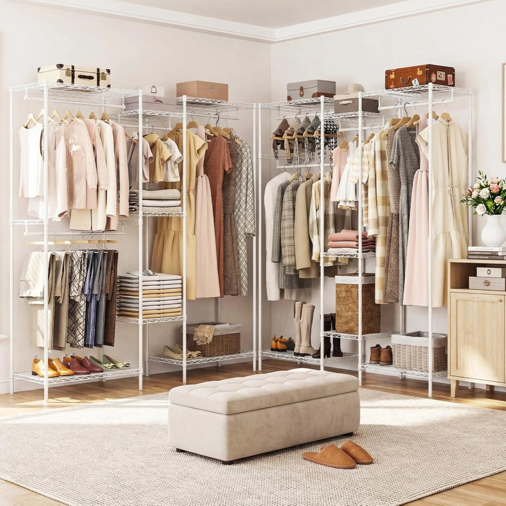 Appendiabiti asino convertibile, armadio per biancheria aperto con 7 ripiani regolabili e 4 aste per appendere, telaio in metallo, 188 x 46 x 198 cm, organizer per vestiti carico max. 530 kg