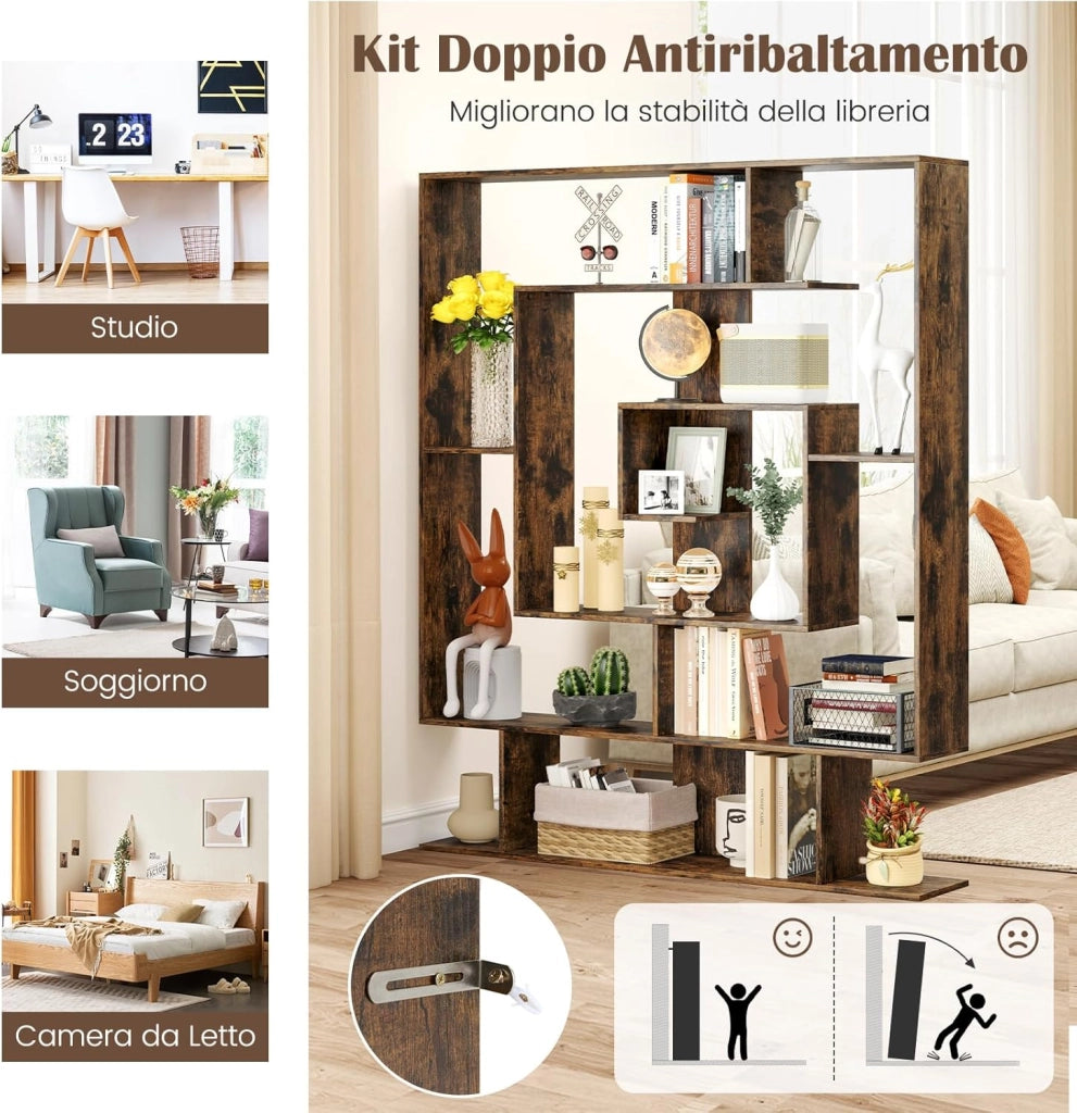 Libreria Scaffale Geometrico Spirale ad Angolo Retto a 7 Ripiani, Scaffale Espositivo in Legno Salvaspazio, Libreria per Camera da Letto, Soggiorno e Salotto, 125 x 22 x 150 cm (Marrone)