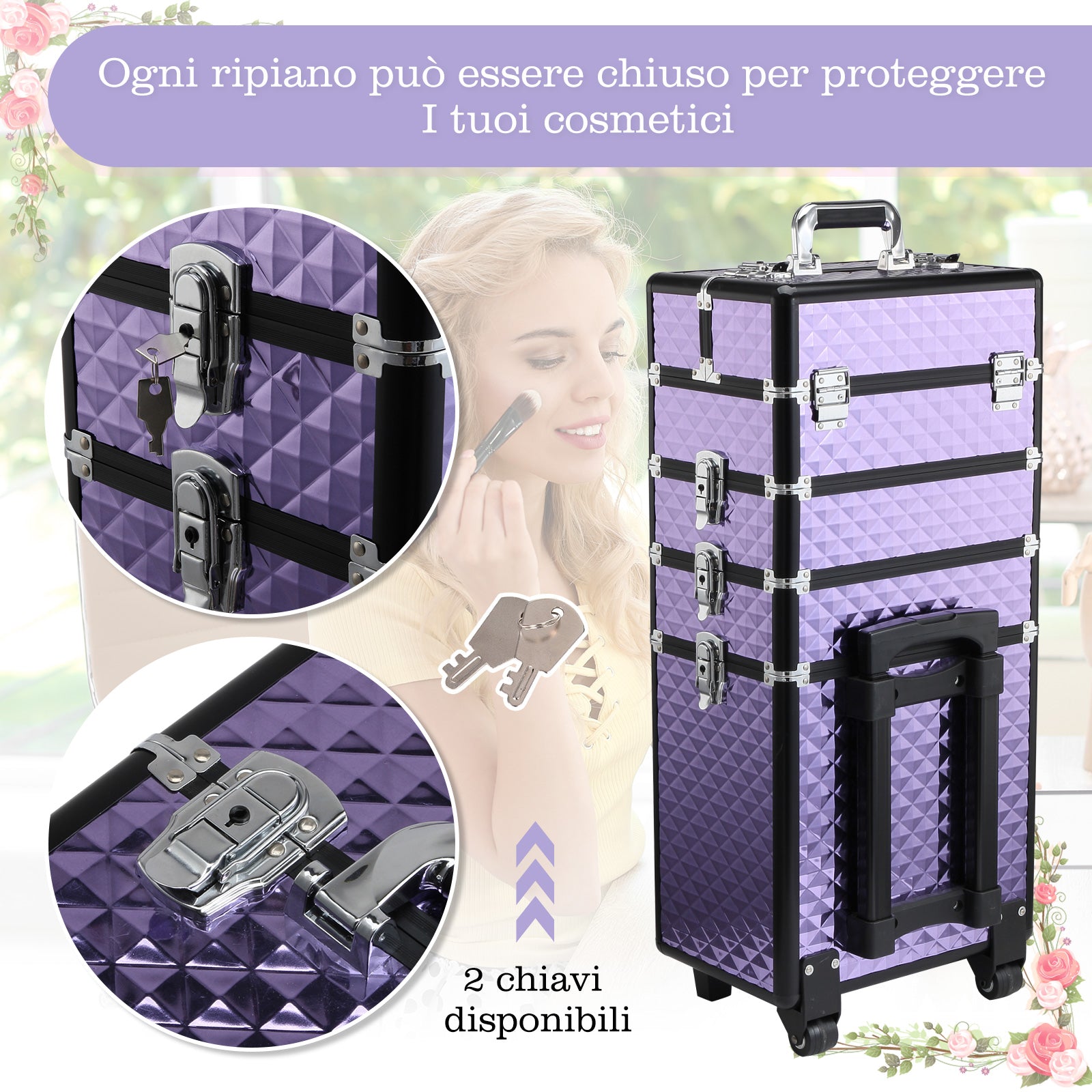 Easycomfort Valigia Porta Trucchi Professionale, Trolley Makeup da Viaggio in Alluminio, 2 Ruote, Viola 33.5x23x76/95.5cm
