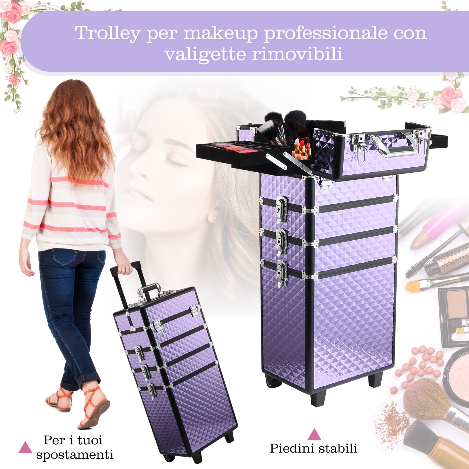 Easycomfort Valigia Porta Trucchi Professionale, Trolley Makeup da Viaggio in Alluminio, 2 Ruote, Viola 33.5x23x76/95.5cm