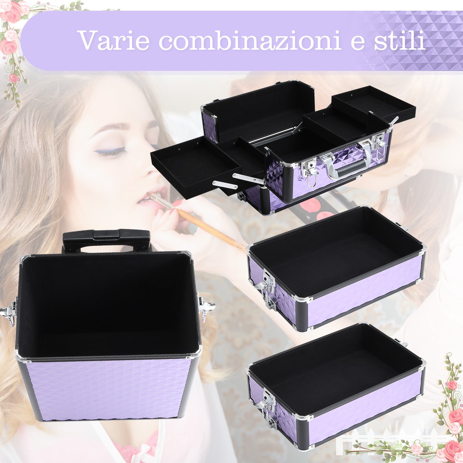 Easycomfort Valigia Porta Trucchi Professionale, Trolley Makeup da Viaggio in Alluminio, 2 Ruote, Viola 33.5x23x76/95.5cm