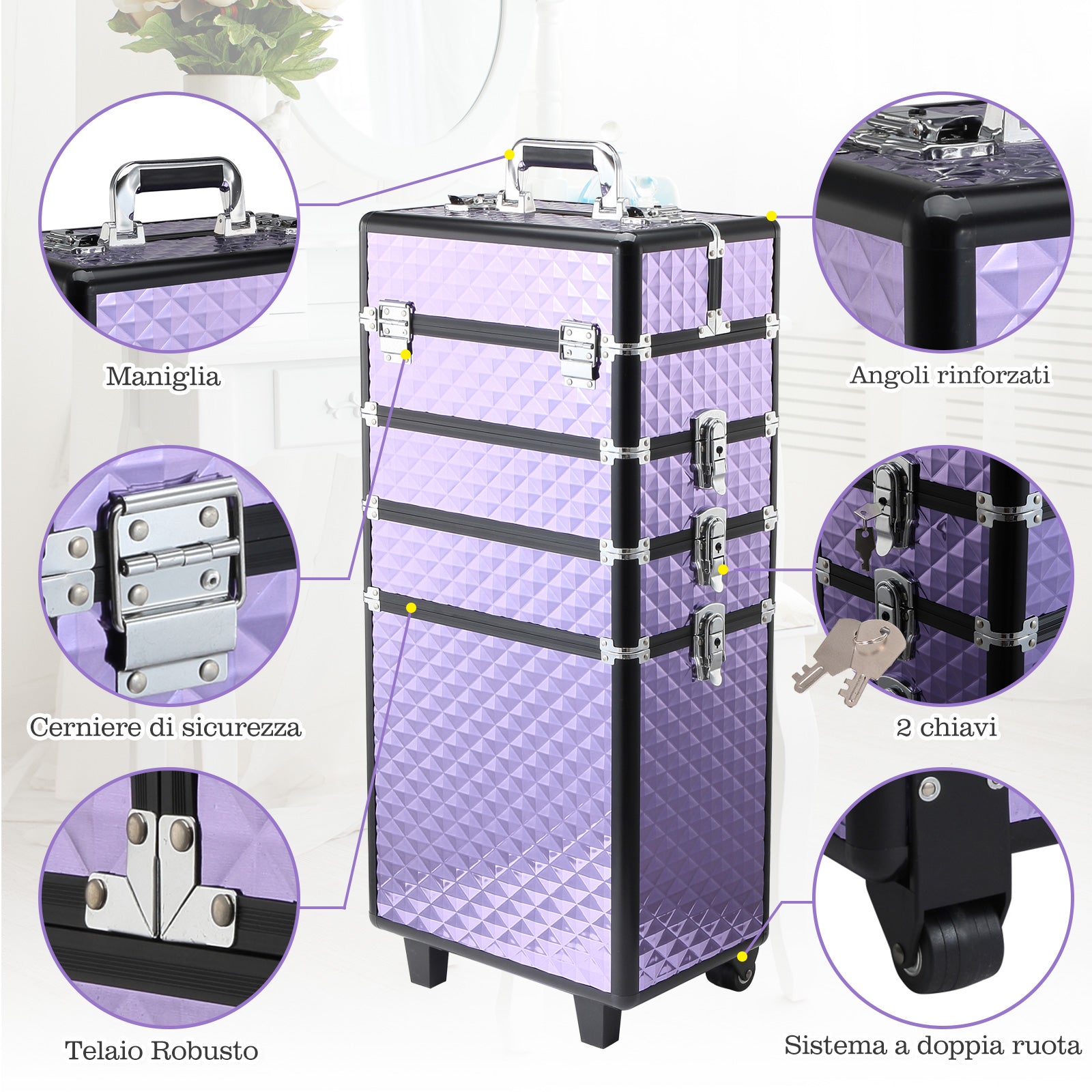 Easycomfort Valigia Porta Trucchi Professionale, Trolley Makeup da Viaggio in Alluminio, 2 Ruote, Viola 33.5x23x76/95.5cm
