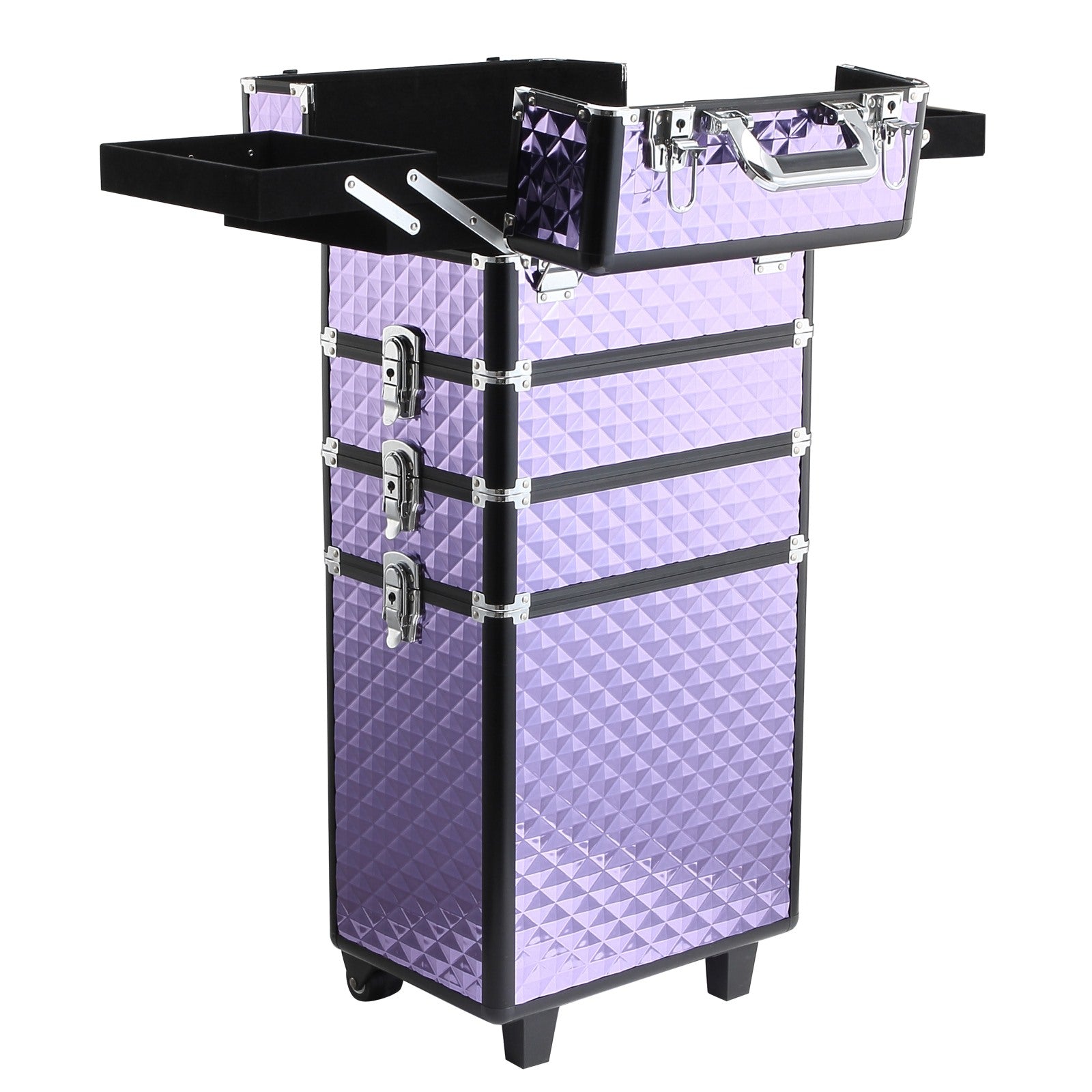 Easycomfort Valigia Porta Trucchi Professionale, Trolley Makeup da Viaggio in Alluminio, 2 Ruote, Viola 33.5x23x76/95.5cm