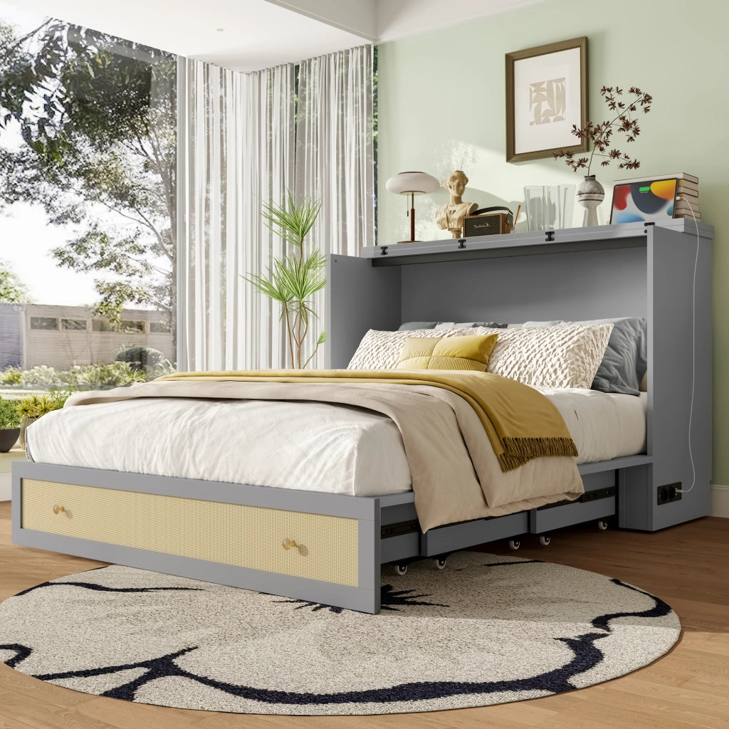 DESMIU Letto combinato 2 posti con cassetto, USB e presa, 140 × 200 cm, senza materasso, MDF, grigio