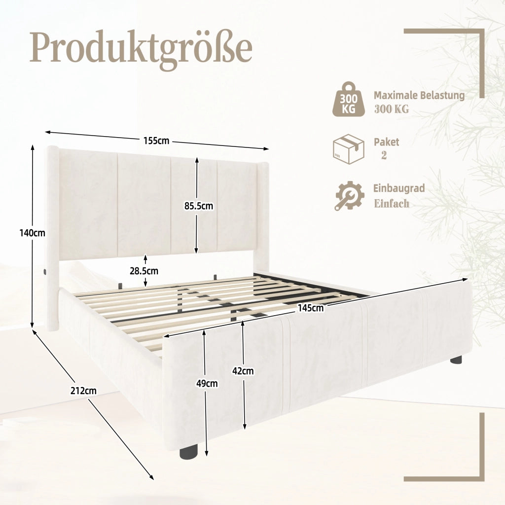 OKWISH Letto Imbottito 140×200 cm, Letto Matrimoniale con USB e Tipo C, Testiera Alta, senza Materasso, in Velluto, Beige