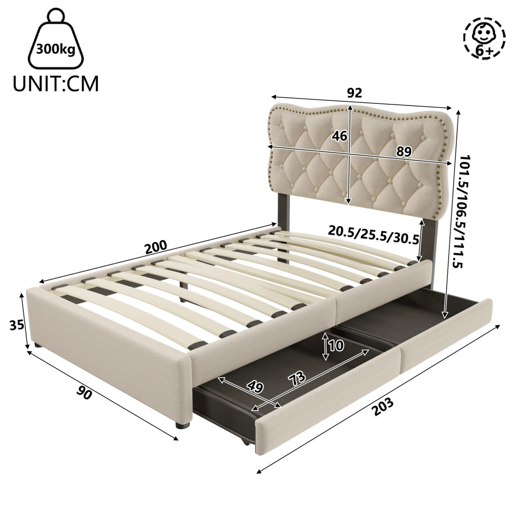 Letto imbottito 90 x 200 cm con cassetti e testiera regolabile