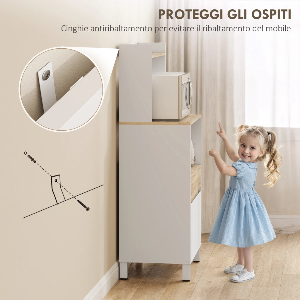 Credenza Mobile per Microonde 60x40x131 cm Mensole con Retro Aperto in Legno Bianco