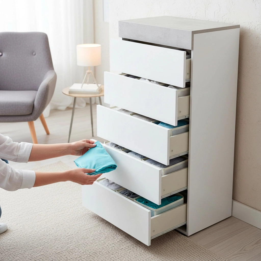 Comò Cassettiera Settimino Per Camera Da Letto Con 5 Cassetti Dal Design Moderno Salvaspazio Con Maniglie Nascoste Ed Interno Tessile 110 X 40 X 61 Cm Bianco E Grigio Cemento