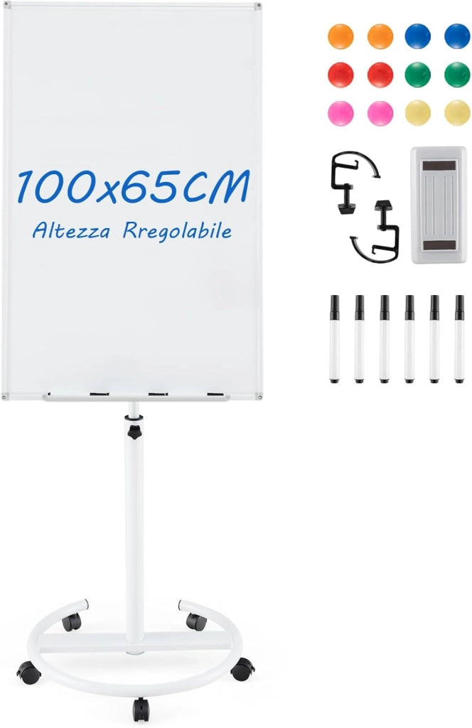 Lavagna Bianca Magnetica Mobile con Accessori, Lavagna Regolabile in Altezza e Angolo con Supporto Rotondo, 5 Ruote Bloccabili, 65 x 60 x 132-192 cm (Nero) (Verde)