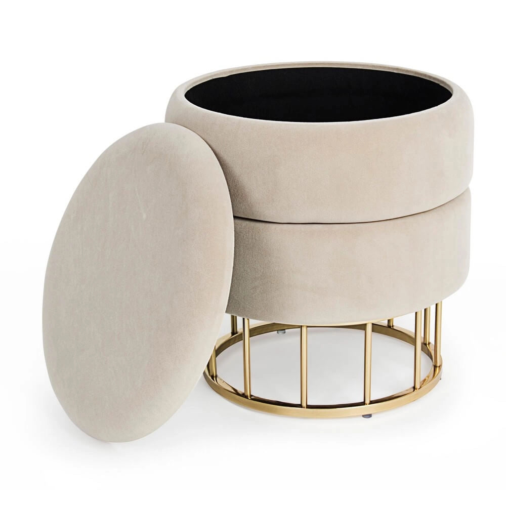 Pouf Contenitore Rotondo in Velluto con Base Dorata - SERENA