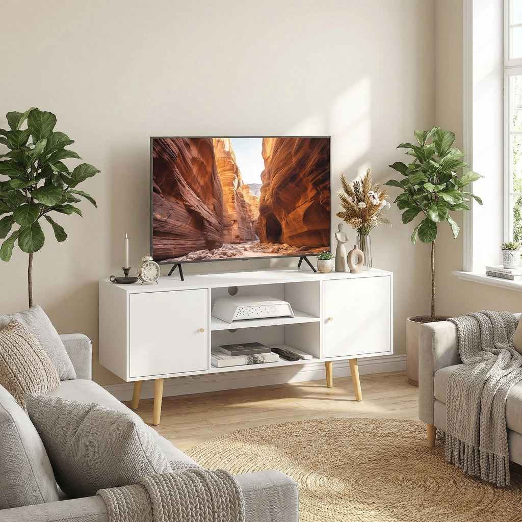 Mobile TV 55" max con 2 Armadietti e 2 Ripiani Aperti, in Legno e Truciolato, 120x34x50 cm, Bianco