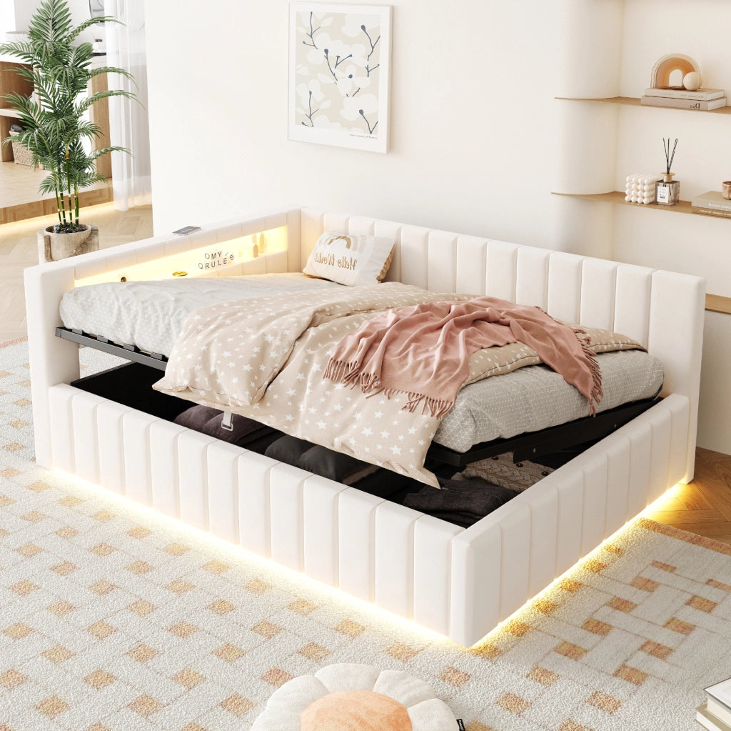 Letto imbottito 140x200 con contenitore idraulico, LED e USB beige