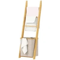 Mobile da Bagno in Bambù con Porta Asciugamani a 3 Barre e Cesto per Biancheria Sporca Rimovibile da 48 L, Crema