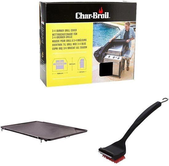 Tendeo universale per grigliate a gas con 3 e 4 fuochi - 140 766 & 140 515 - Supporto per piastre di grigliata in ghisa - 140 533 - Spazzola per grigliate 2-in-1 Cool-Clean con setole in nylon.