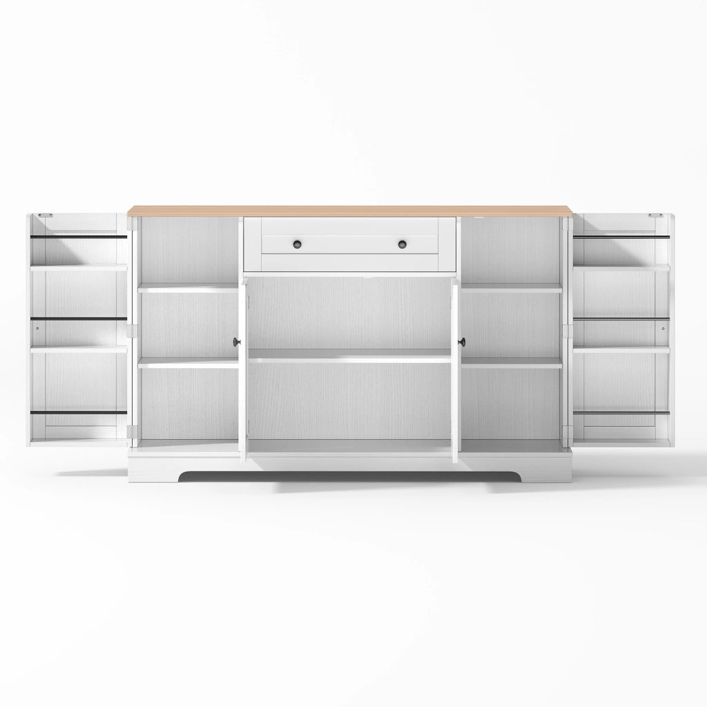 Credenza 138x40x85 cm Bianca e Legno Naturale con Cassetto; Armadietti; Ripiani Regolabili e Portaoggetti