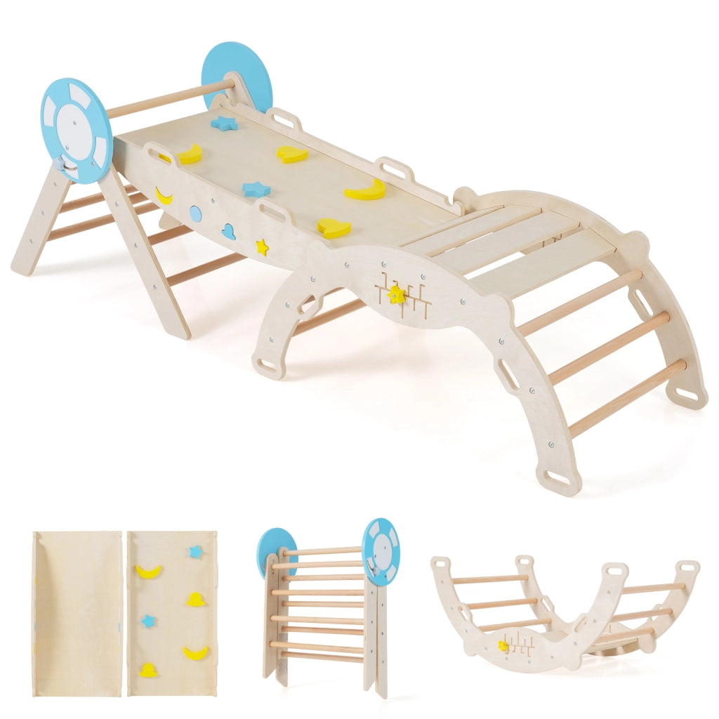 Set triangolare 7 in 1 legno montessori nautico arrampicata scivolo-Set scala arco labirinto palestra interna pieghevole bambini Naturale
