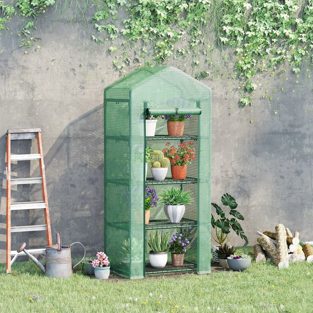Serra per Piante Verticale con Scaffale a 4 Ripiani in Acciaio e PE Verde Scuro, 70x50x160cm