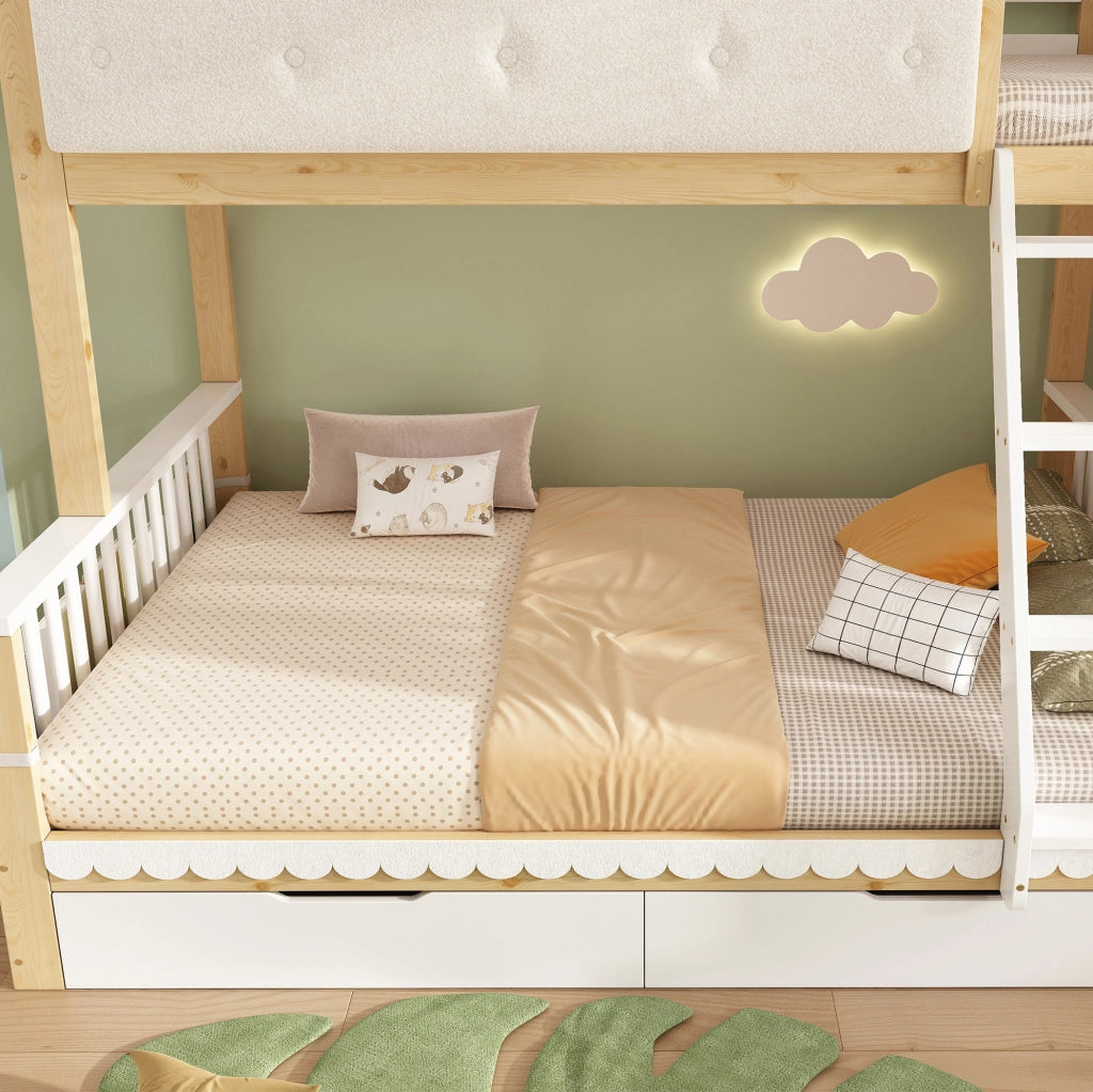 Letto a castello 90x200/140x200 cm con cassetti e portariviste; bianco e rovere