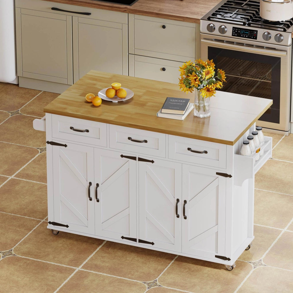 Isola da cucina mobile con piano ribaltabile, bianco e naturale