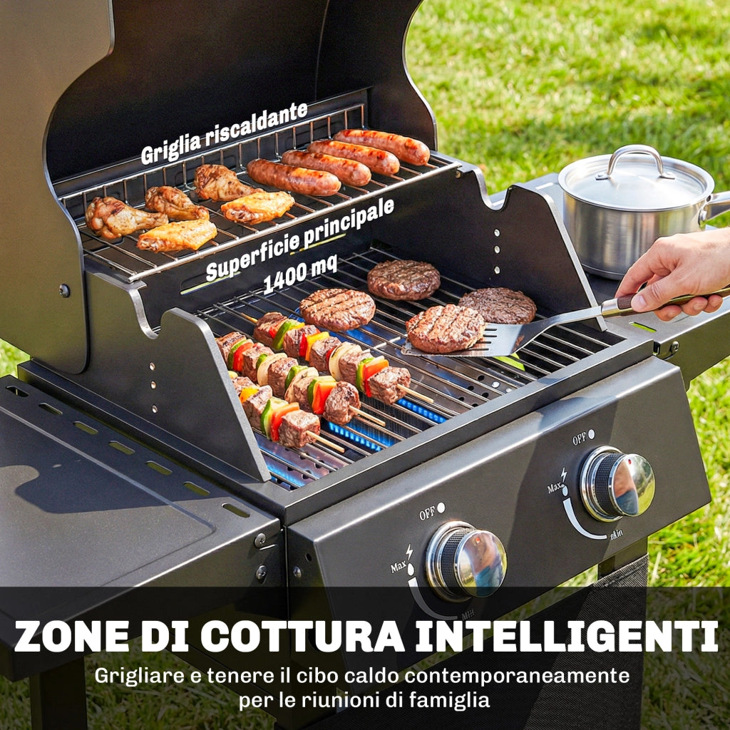 Barbecue a Gas Propano con 2 Bruciatori, Portatile, Termometro, Nero
