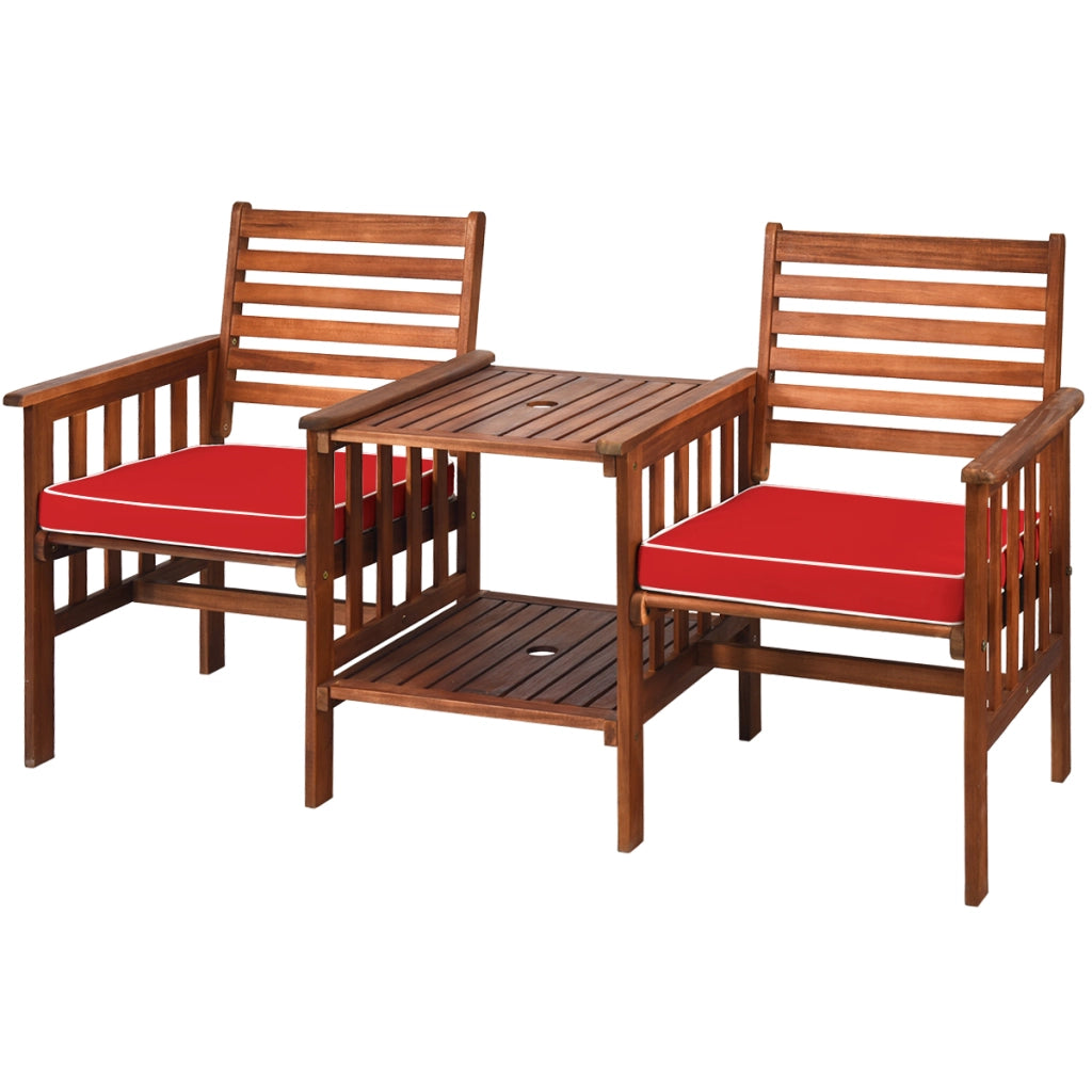Set di sedie e tavolo in legno di acacia per esterni con foro per ombrello da 5cm, Set di mobili a 2 posti Rosso-Set mobili da esterno