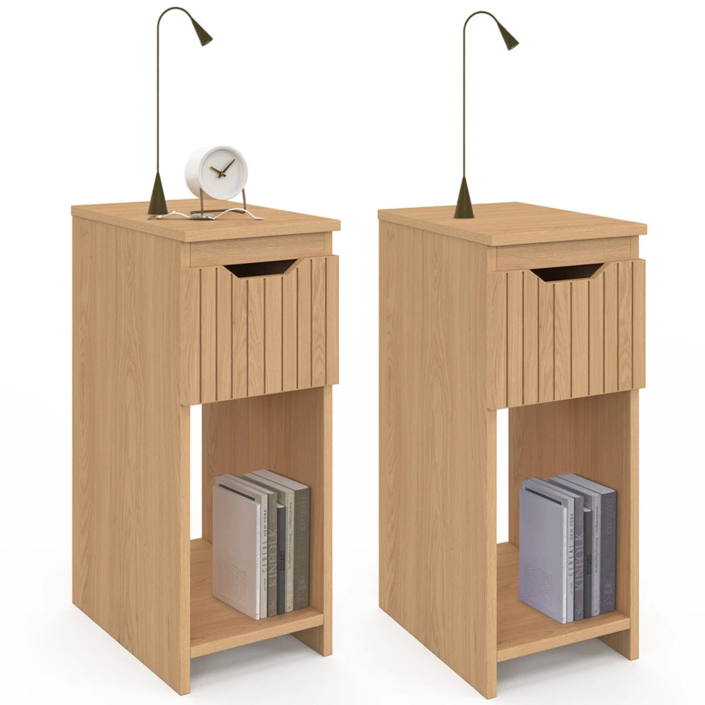 IDMarket - Set di 2 comodini stretti ANOUK, 1 cassetto, effetto legno e doghe