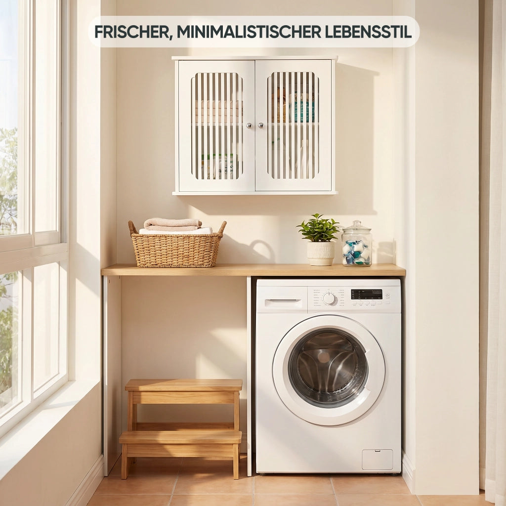 Armadietto da bagno pensile con 2 ante a lamelle, in MDF e truciolare, per bagno, bianco, 69,3 × 43,8 × 11 cm