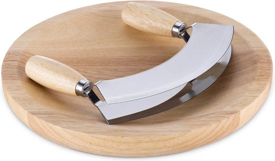 Piatto per erbe con bilancia a mezzaluna - 17 x 13,5 cm, bilancia per erbe in acciaio inox, per erbe e spezie - con piatto in legno di gomma.