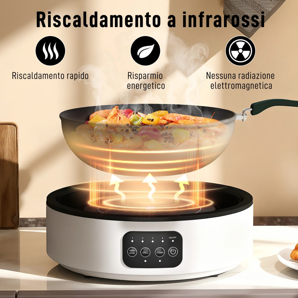 Fornello Elettrico 2000W a Infrarossi Doppia Cottura Piastra Elettrica in Ceramica e Griglia Ø30 cm Bianco
