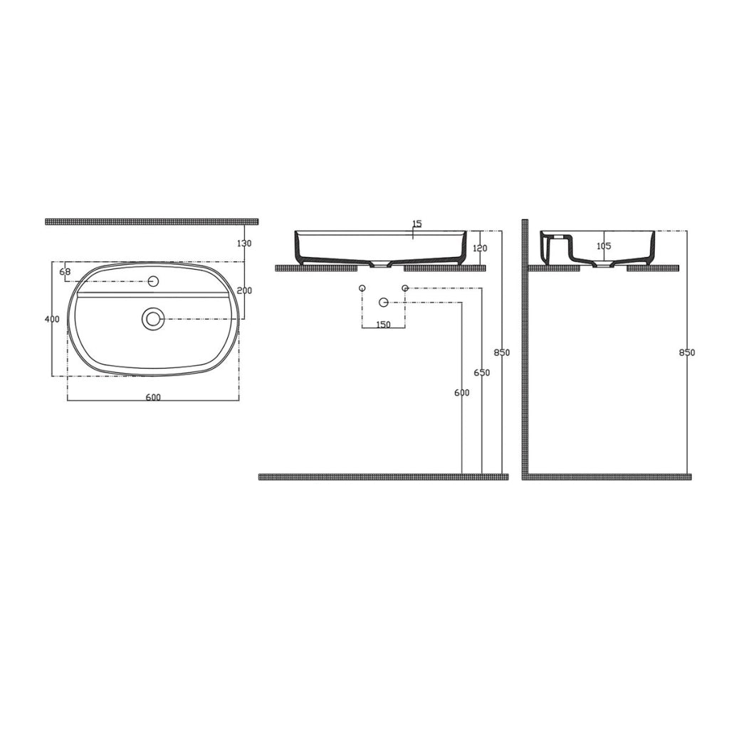Lavabo ovale da appoggio senza troppo pieno in ceramica con foro rubinetto - Antracite Opaco