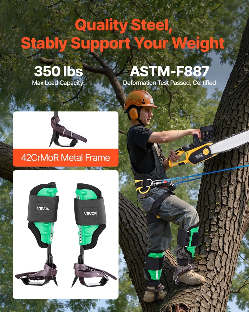 Set Speroni da Arrampicata sugli Alberi ROPE-G-009 in Acciaio Verde Regolabile con Cinghie e Corda Carico 159 kg