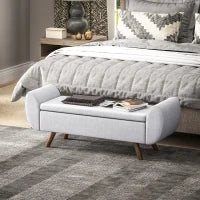 Panca Contenitore Fondo Letto con Braccioli in Tessuto, Gambe in Legno e Vano da 53.8L, 132x42x50 cm, Grigio