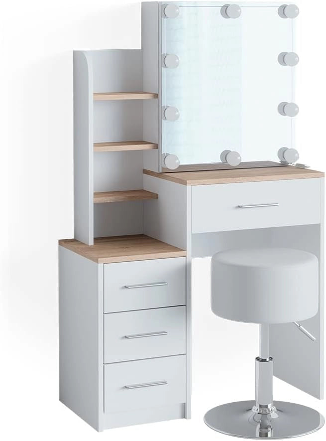 Tavolo da toeletta Conrada, Bianco/Sonoma, 80 cm con illuminazione LED e sgabello, adatto per l'organizzazione di articoli cosmetici e accessori