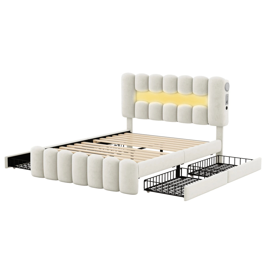 Letto con Cassetti 140×200 cm; Letto Matrimoniale con 4 Cassetti; USB; Altoparlanti e LED; senza Materasso; Beige