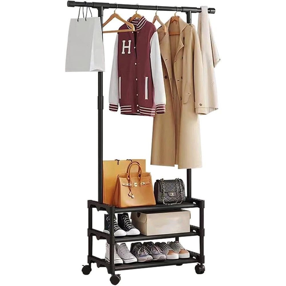 Trade Shop - Stand Appendiabiti In Metallo Con Ruote Attaccapanni Con Ripiani Asta 56x35x165cm - Nero