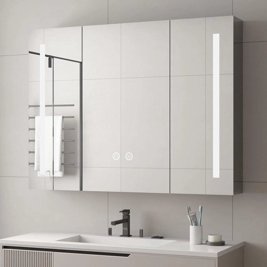 Specchio per bagno 90 x 70 cm - Acciaio inox largo - 3 porte girevoli - Illuminazione a LED - Regolabile 3000K/4000K/6500K
