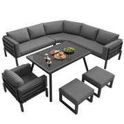 Salotto da Giardino con 3 Divani; 2 Poltrone; 2 Pouf e 1 Tavolino in Vetro; per 8 persone; Ferro; Grigio