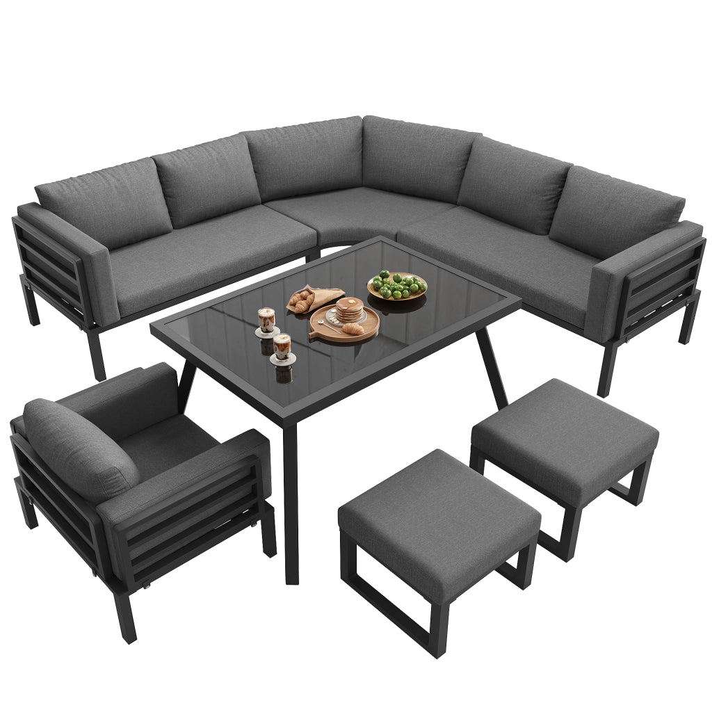 Salotto da Giardino con 3 Divani; 2 Poltrone; 2 Pouf e 1 Tavolino in Vetro; per 8 persone; Ferro; Grigio