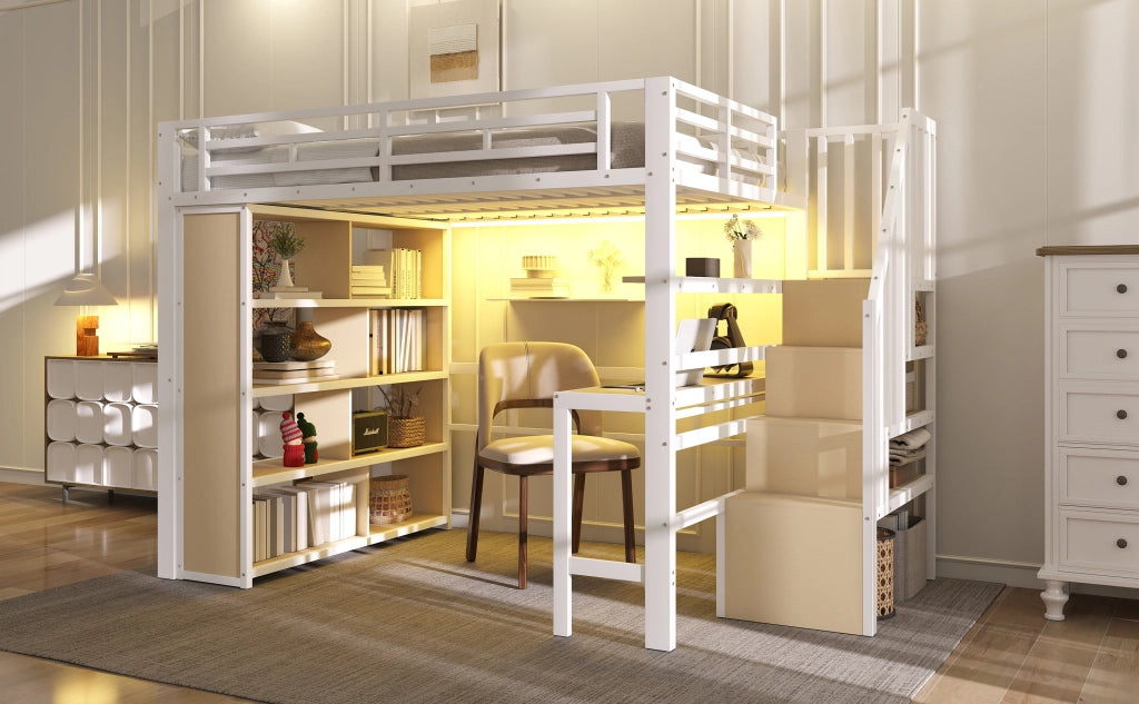 LETTO a soppalco 140x200 cm Metallo Bianco con scrivania e scala contenitore