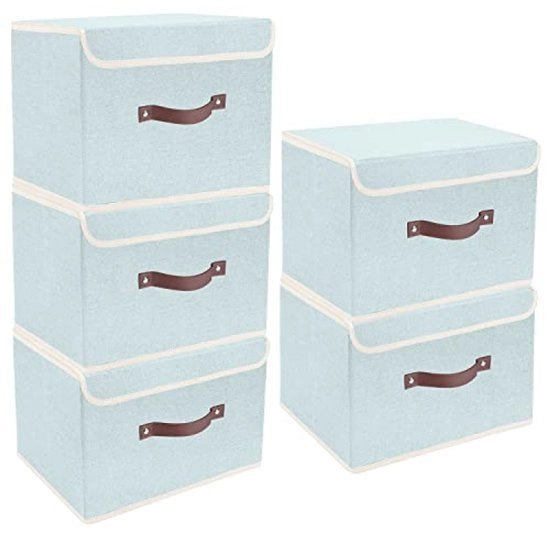 Cassetta di archiviazione pieghevole con coperchio, tessuto, lavabile, 38x25x25 cm, Set di 5, Aqua Spring