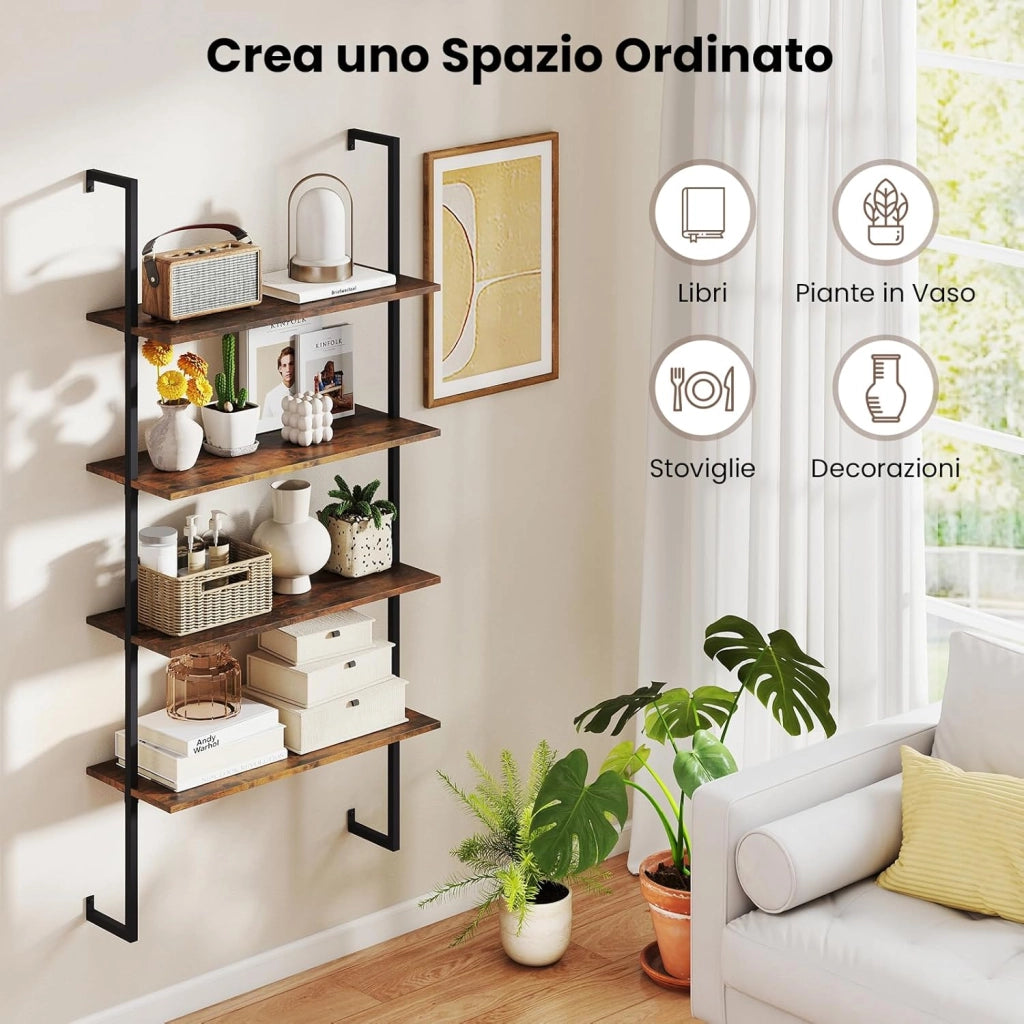 Libreria a Parete a 4 Livelli, Mensole Industriali con Struttura in Metallo, Libreria a Scaletta in Legno da Parete per Soggiorno, Cucina, Bar, Ufficio