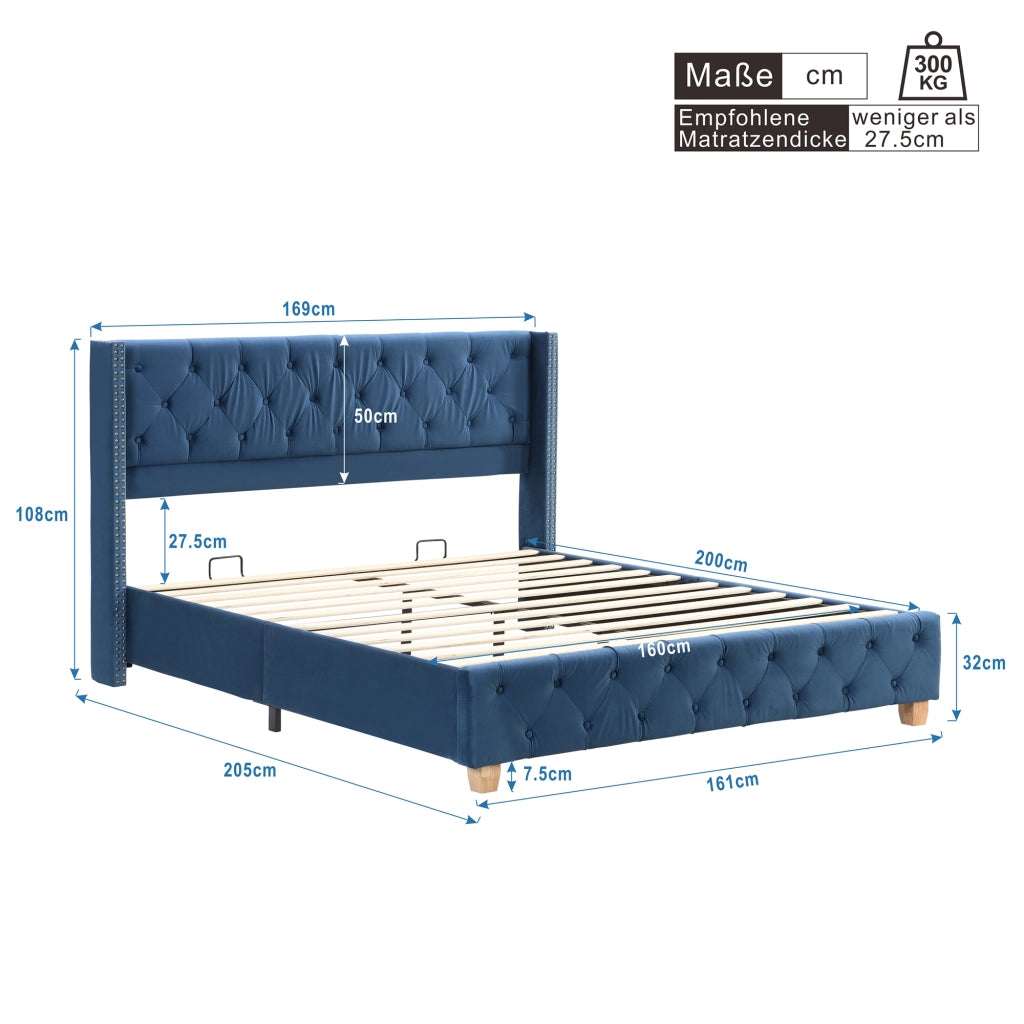 OKWISH Letto Matrimoniale 160×200 cm con Testiera Imbottita, Borchie Decorative e Piedi in Legno, senza Materasso, in Velluto, Blu
